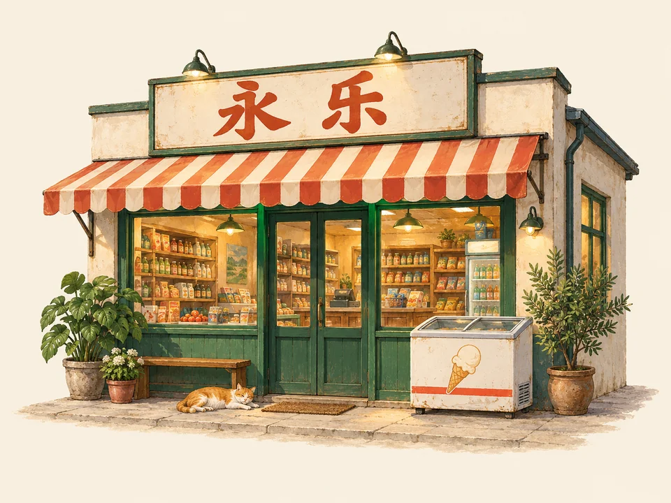 永乐便利店的复古店面：橙白条纹遮阳棚、暖灯、绿植和门前打盹的小猫